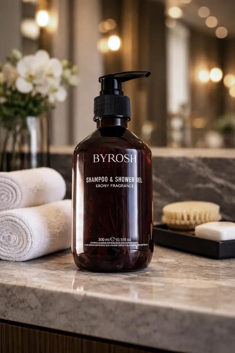 BYROSH shampoo and shower gel on a marble counter