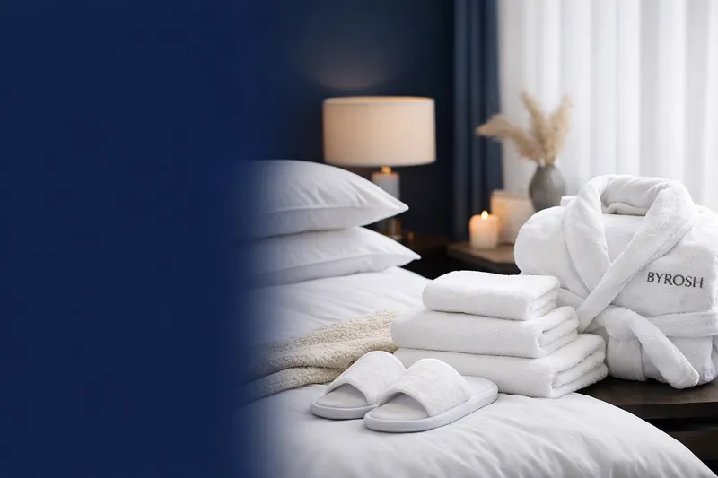 Hotel room with BYROSH bathrobe, towels and slippers