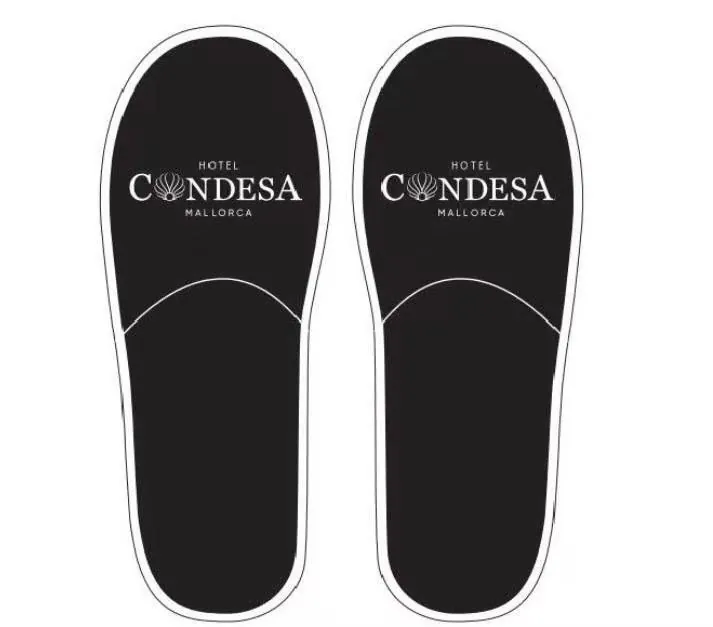 Black hotel slippers with embroidered logo